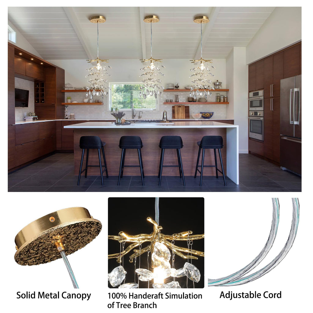 8.3" Crystal Pendant Light Island, Modern Gold Tree Branch Chandelier, Luxury Round K9 Crystal Raindrop Pendant Light