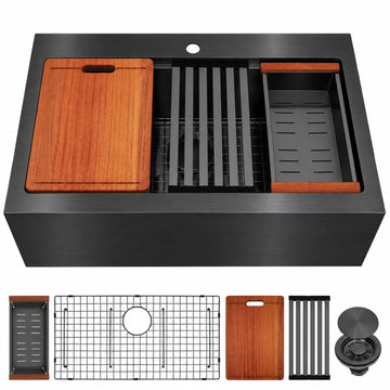 33 Inch Black Farmhouse Sink, 16 Gauge Drop-In Apron Front Sink