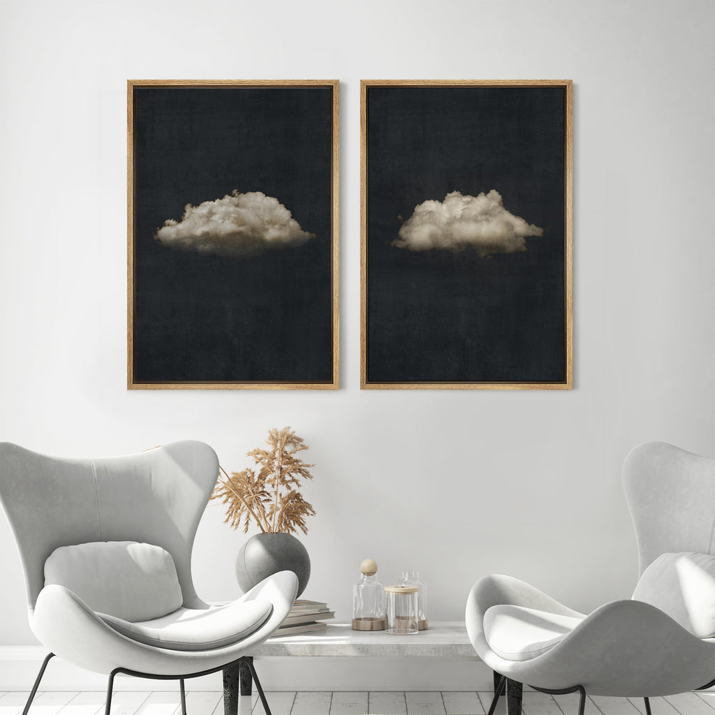Framed Canvas Print Wall Art Minimalist Cloud on Dark Background, Modern Monochrome Nature Illustrations Modern Art