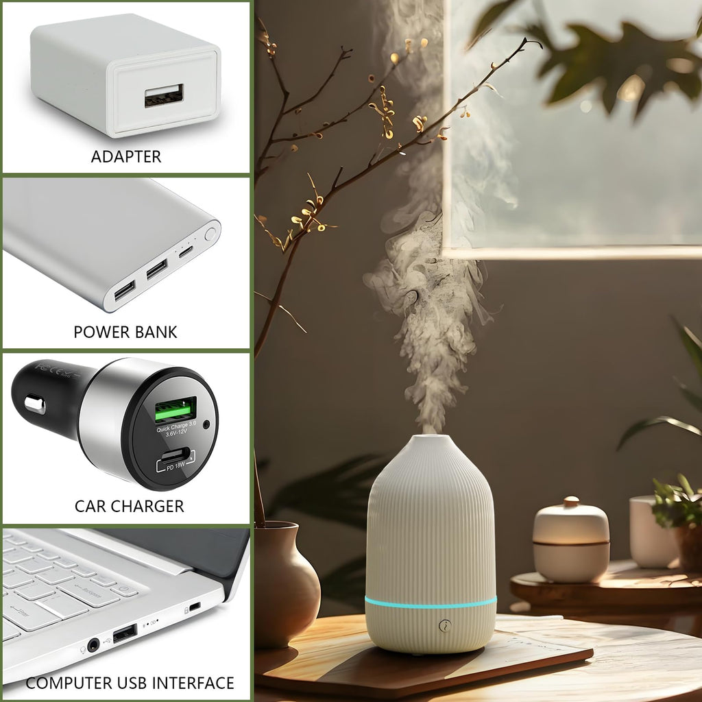 Oil Diffuser, Mini Aromatherapy with USB Cable & Adapter, 7 Colors Lights Mode Waterless Auto Off for Car Home