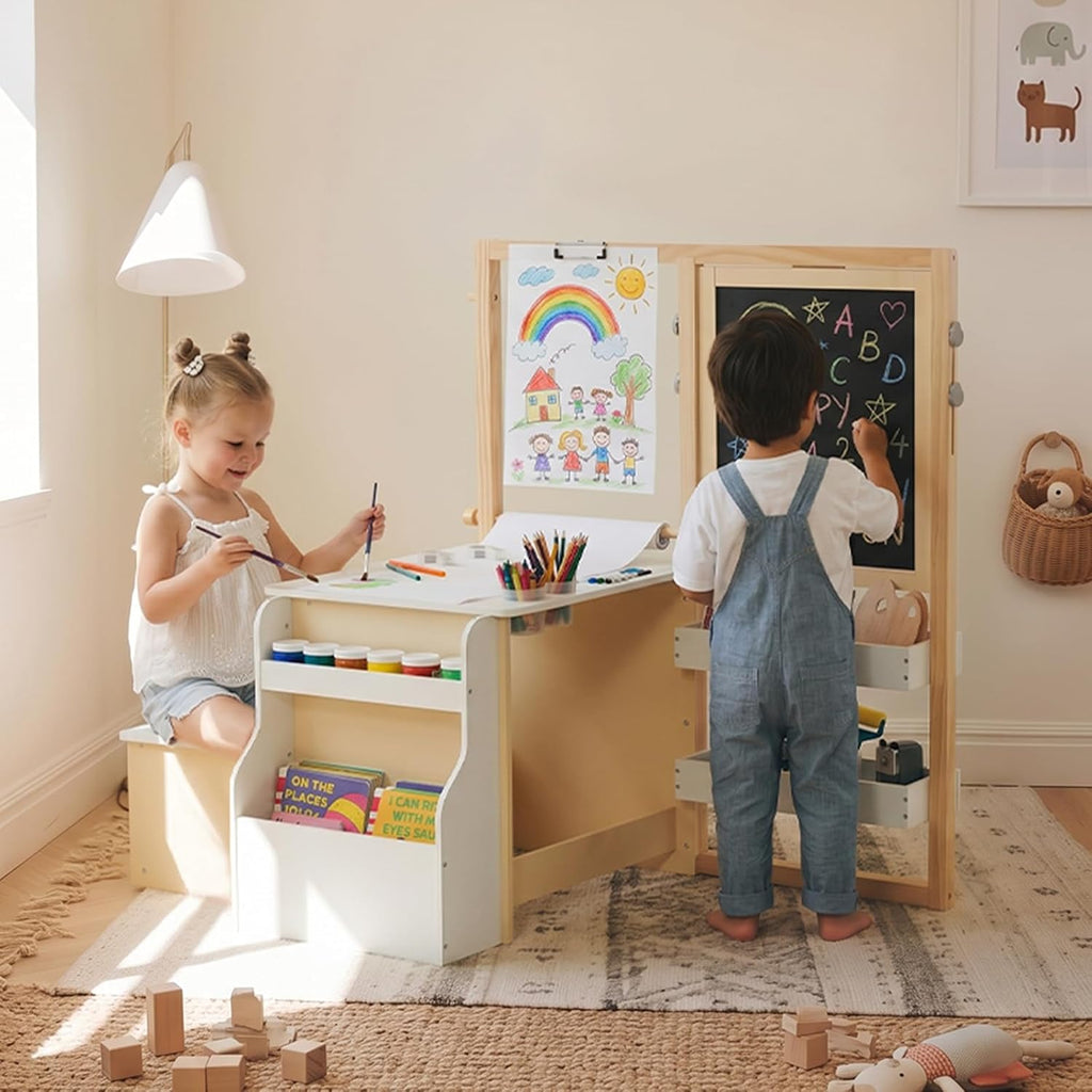 3 in 1 Kids Art Table and Chair Set, Toddler Craft and Play Wood Activity Desk with Double-Sided Easel Blackboard