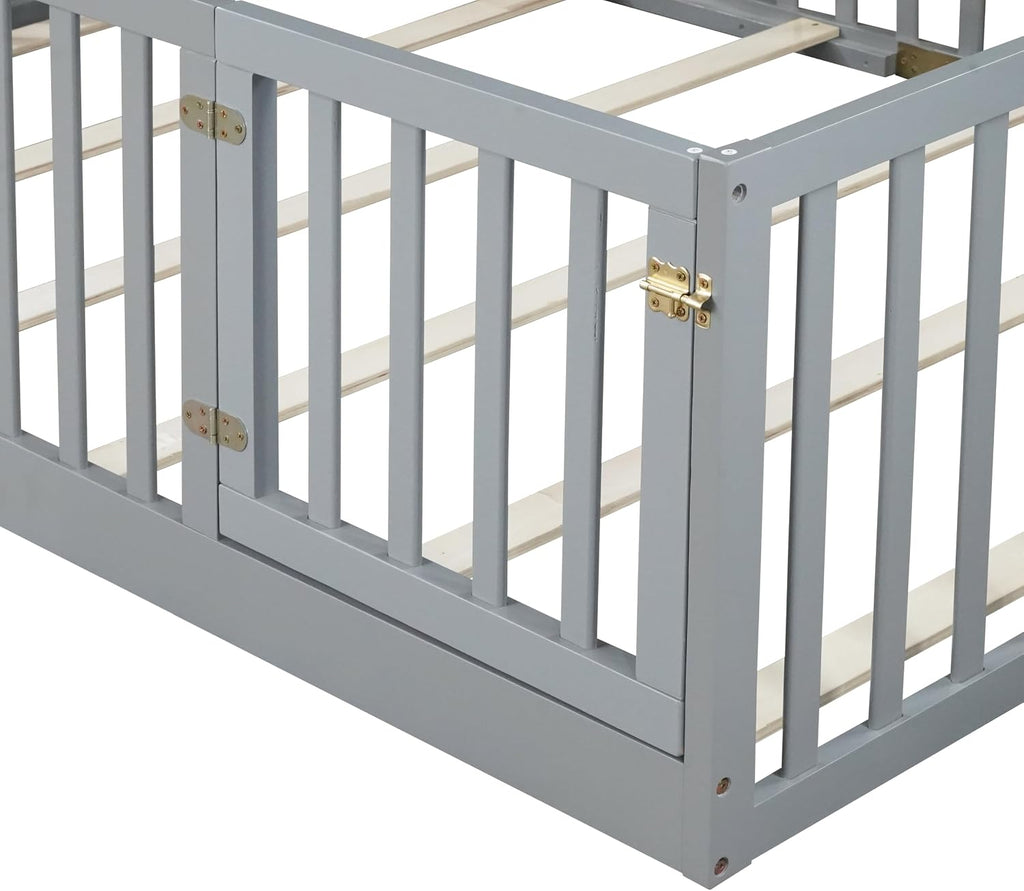 Montessori Floor Bed with Slats, High Guardrails & Door, Gray