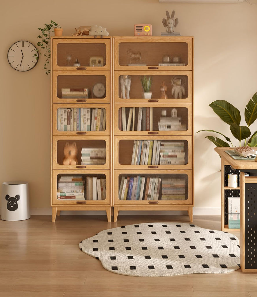 5 Tier Solid Wood Bookcase with Tempered Glass Doors Elegant Wooden Book Shelf with Doors 72H/32w/14 inch Log Khaki