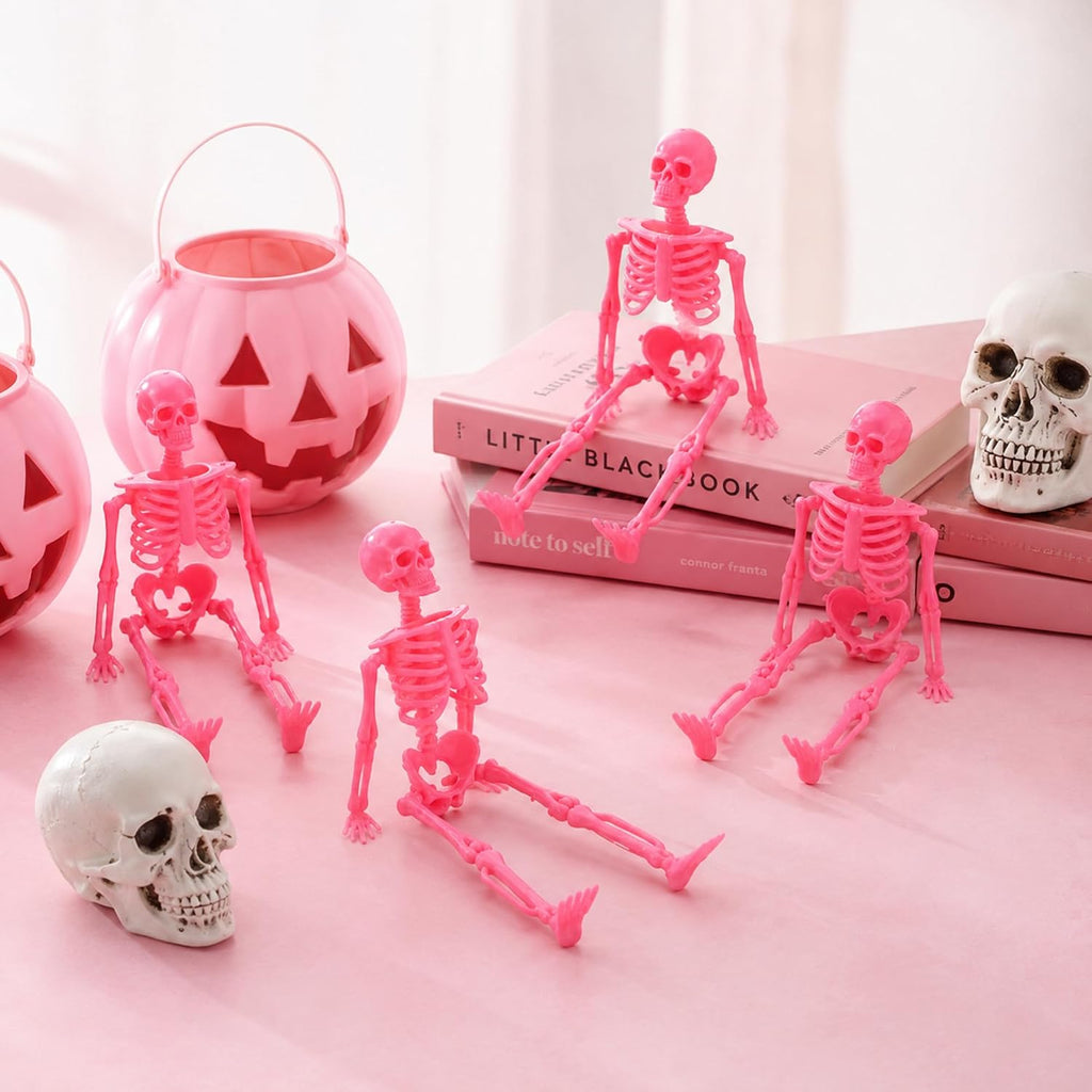 Pink Halloween Mini Skeleton, 6" Posable Skeleton Hanging Decor - Set of 24