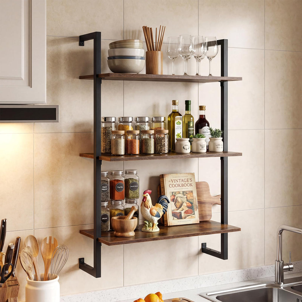 3-Tier Floating Shelves for Wall, Industrial Wall-Mounted Bookshelf