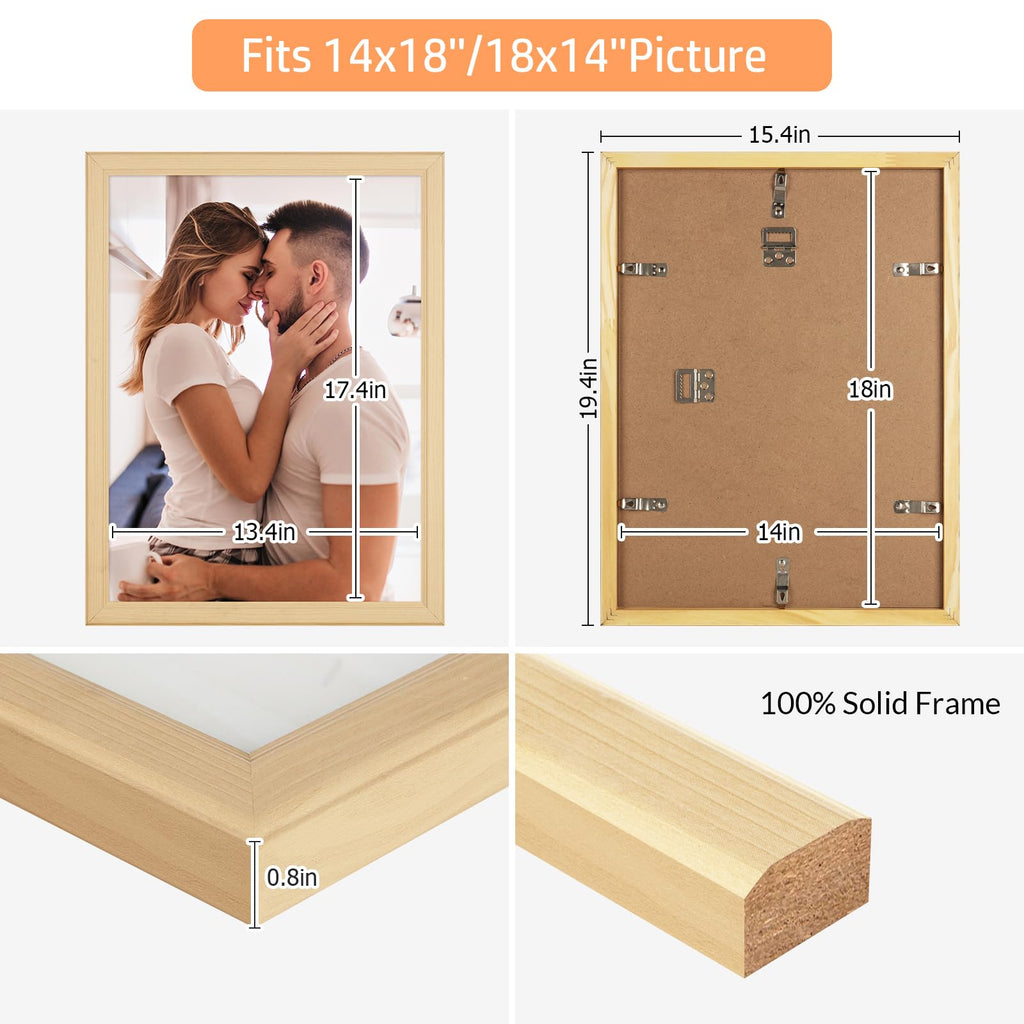 14x18 Wood Frame, Rustic Natural Wooden 18x14in Poster Picture Frame, Modern Beige Woodgrain 14 x 18inch Gallery Wall
