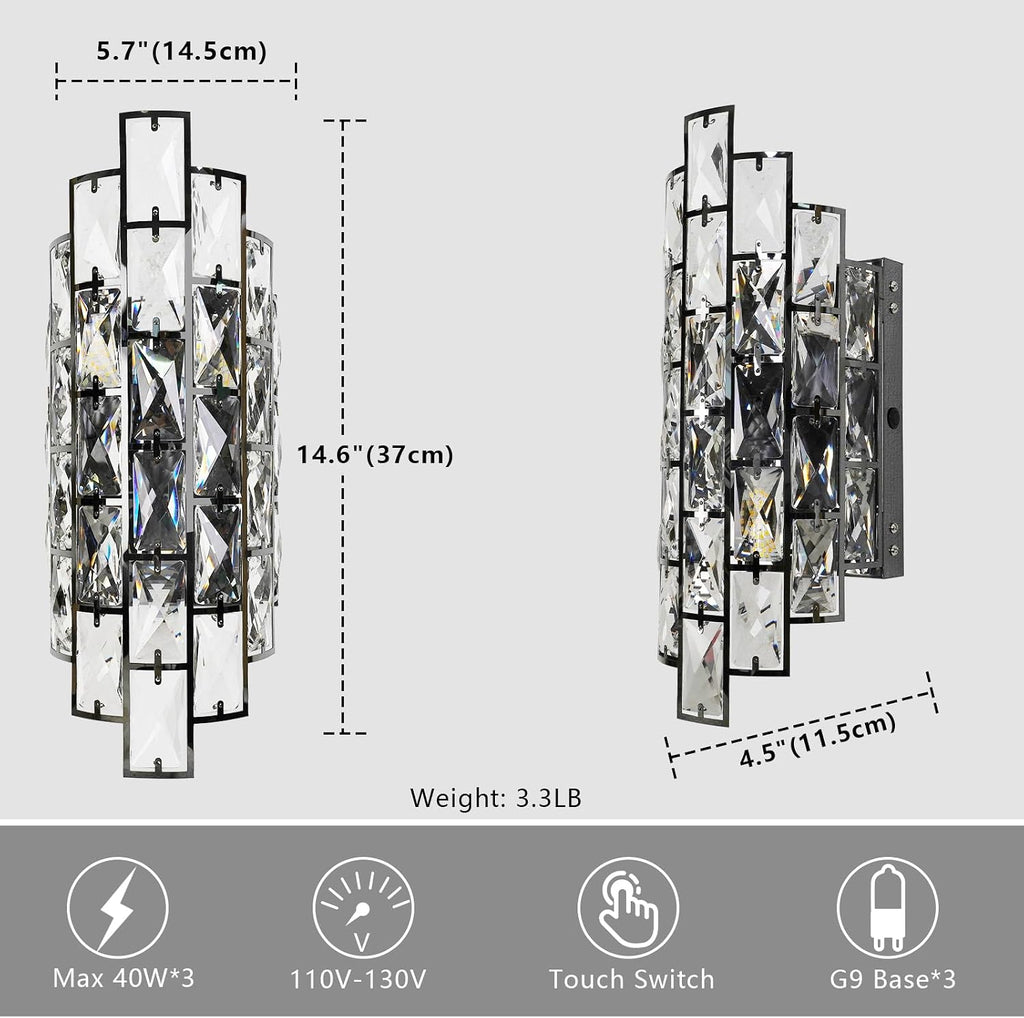 Black Crystal Wall Sconce, Modern Indoor Wall Light Fixtures with Touch Switch, Luxury K9 Crystal Vanity Wall