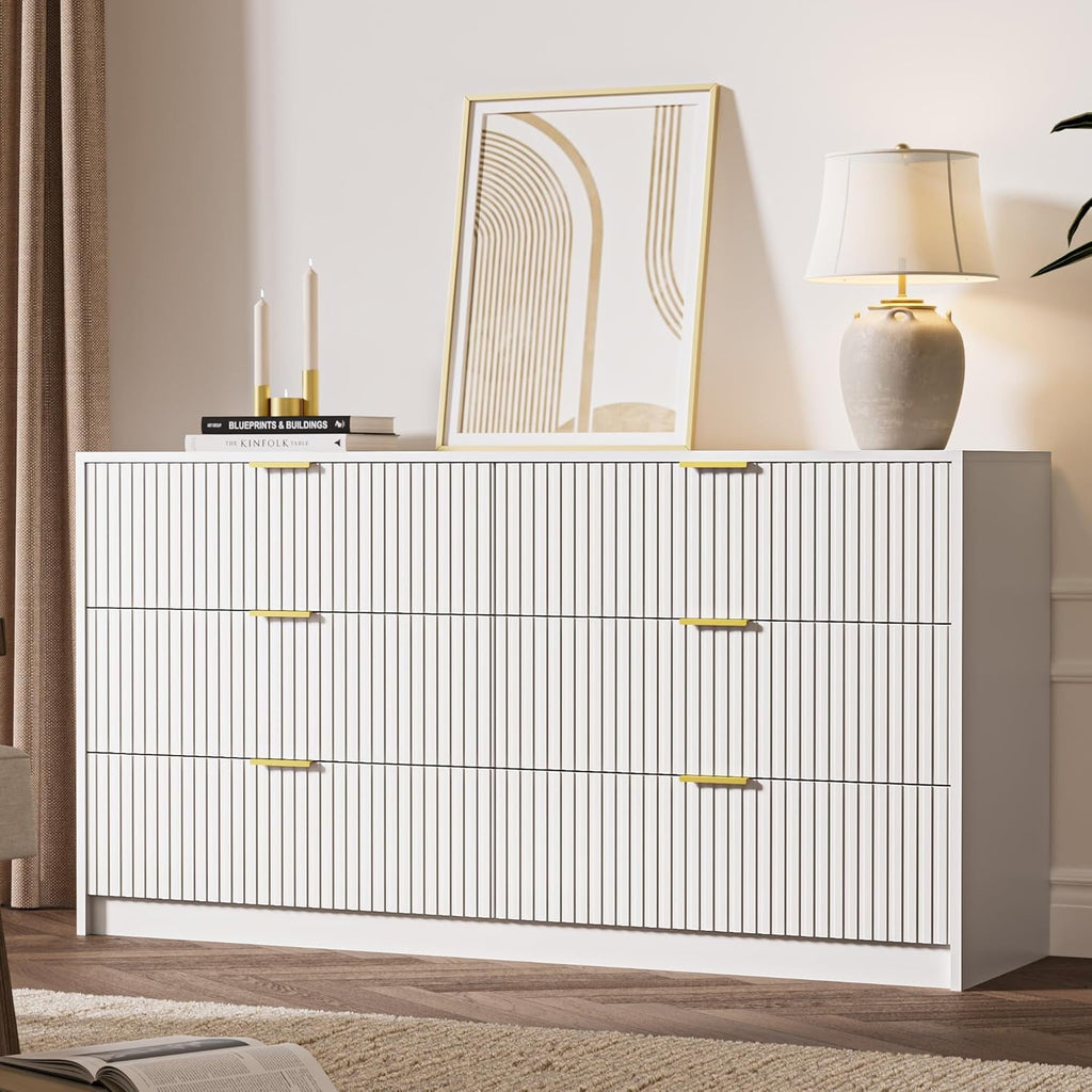 55" Wide Fluted 6-Drawer Double, White