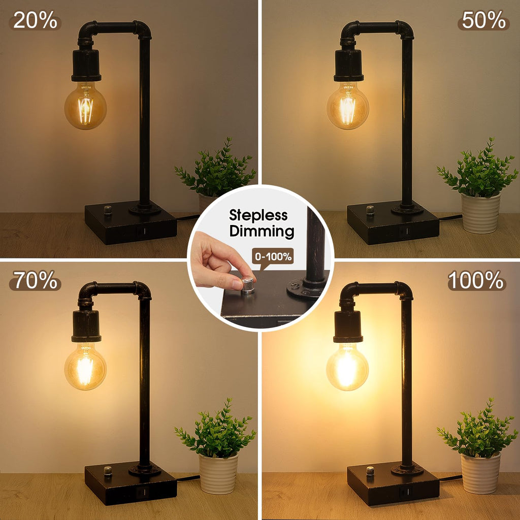 Industrial Table Lamp, Vintage Bedside Lamp with USB C and USB A Charging Ports, Dimmable Steampunk Office Lamp Metal