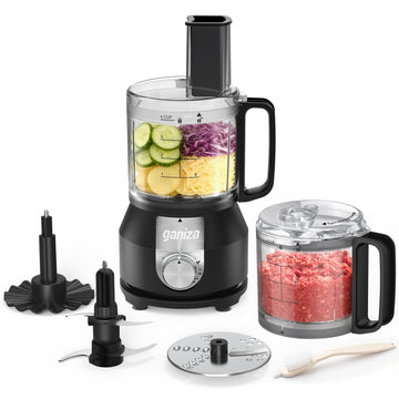 4-in-1 Food Processor with 2x4-Cup Bowls, Slice, Shred, Mince, Whisk