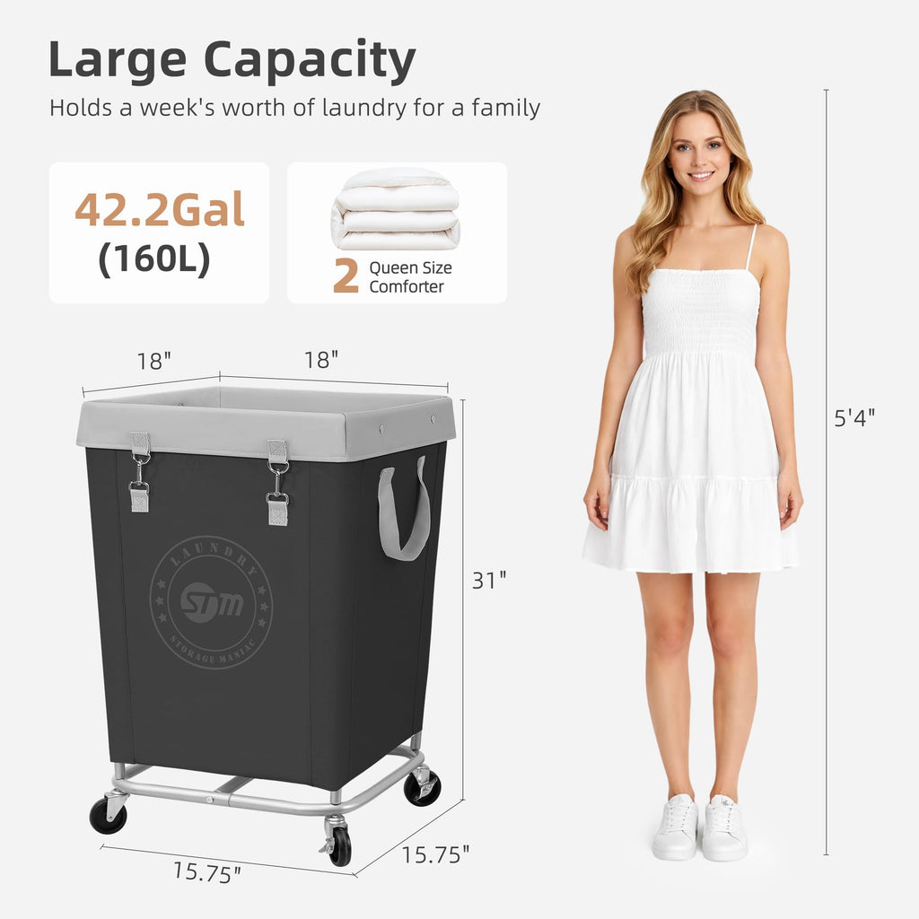 Commercial Laundry Hamper with Heavy Duty Steel Frame, 160 L Industrial Laundry Basket Cart with Wheels , Laundry