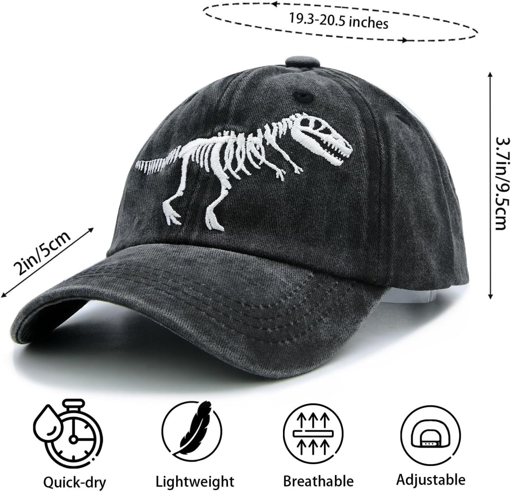 Boys' Skull Dinosaur Hat, Embroidered Dino Washed Adjustable Baseball Cap for Kids