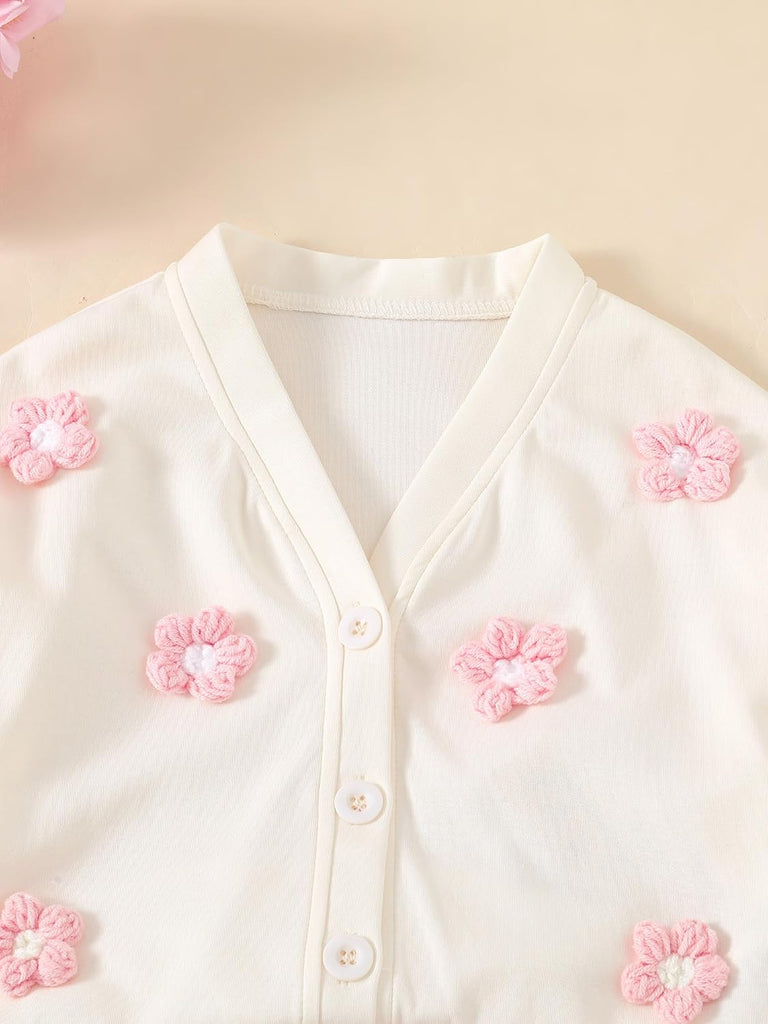 Toddler Girl 2 Piece Outfits Cute Flower Long Sleeve Cardigan Sweatshirt and Waffle Textured Wide Leg Pants Set