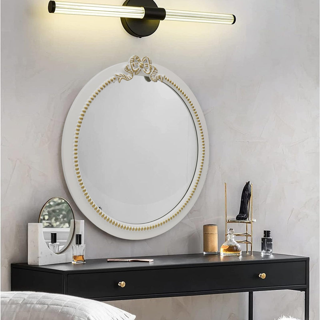 Vintage Round Bow Mirror: 28inch Farmhouse Bathroom Mirror with White Wooden Framed for Wall Decor - Traditional