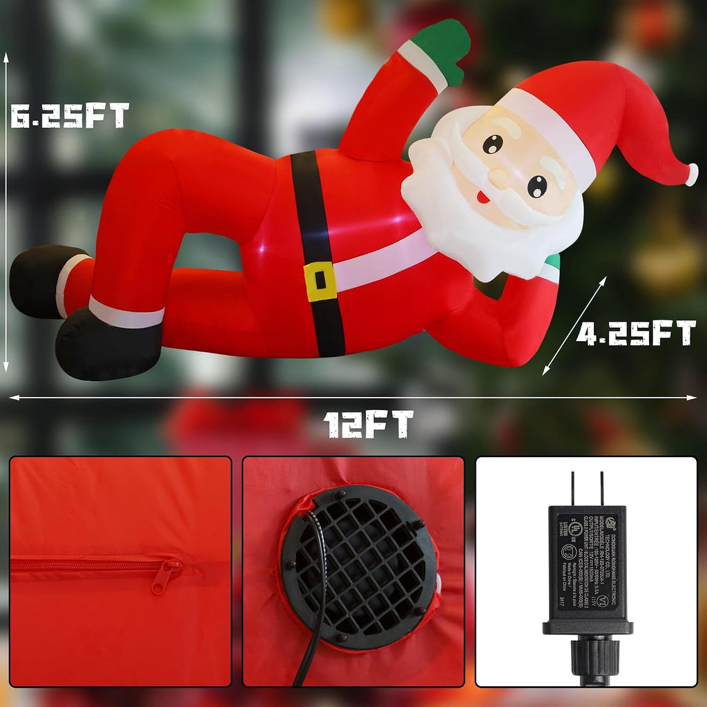 Christmas Inflatables Outdoor Decorations, 12FT Long Inflatable Xmas Santa Claus, Lighted Blow Up Giant Lying Santa