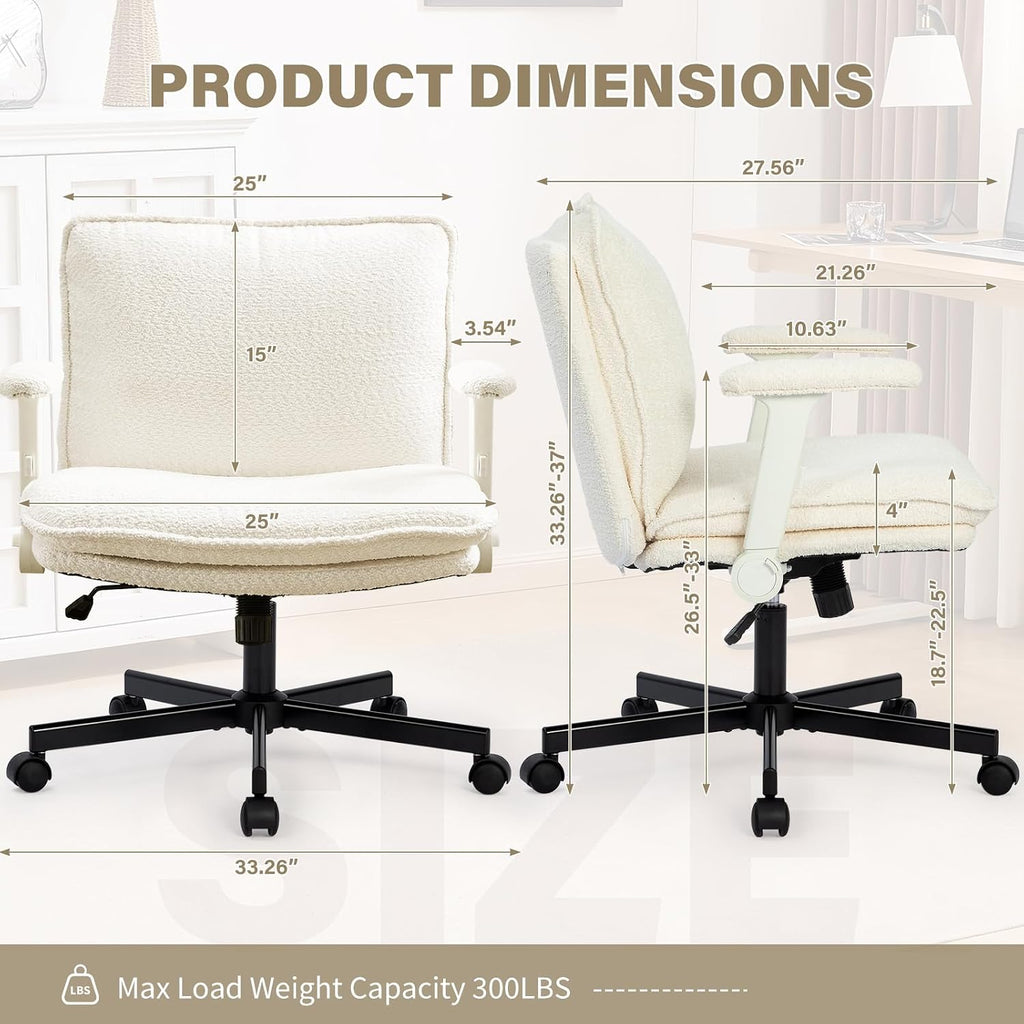 Criss Cross Legged with Wheels and Flip-Up Arms, Upholstered Criss Cross Desk Chair, Wide Seat Chairs for Home