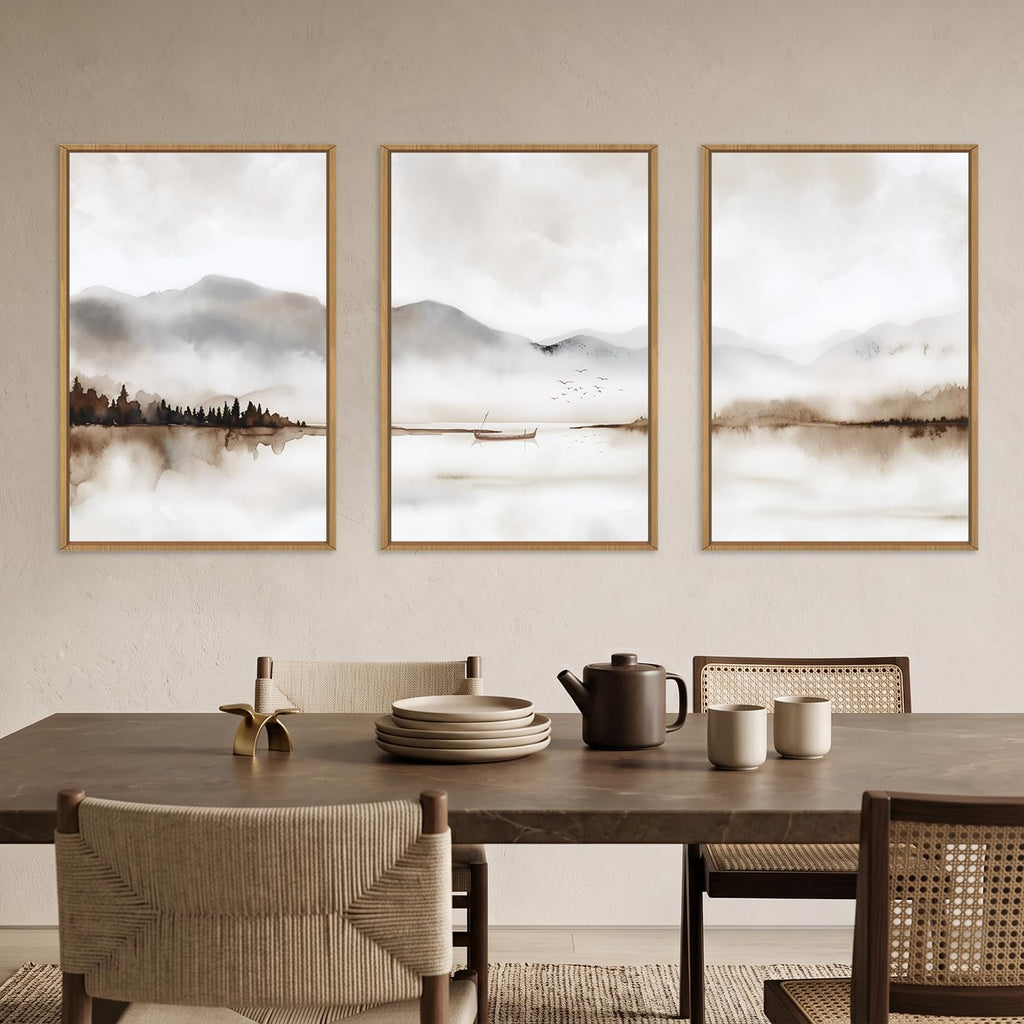 Neutral Abstract Mountain Framed Canvas Print Wall Art Set-24"x36"x3