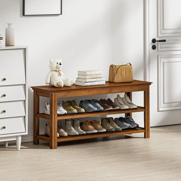 Shoe Bench 3 Tier Bamboo Entryway Storage Benches Rustic Solid Wood Shoe Rack (R-Brown, 39.4"), 3T100