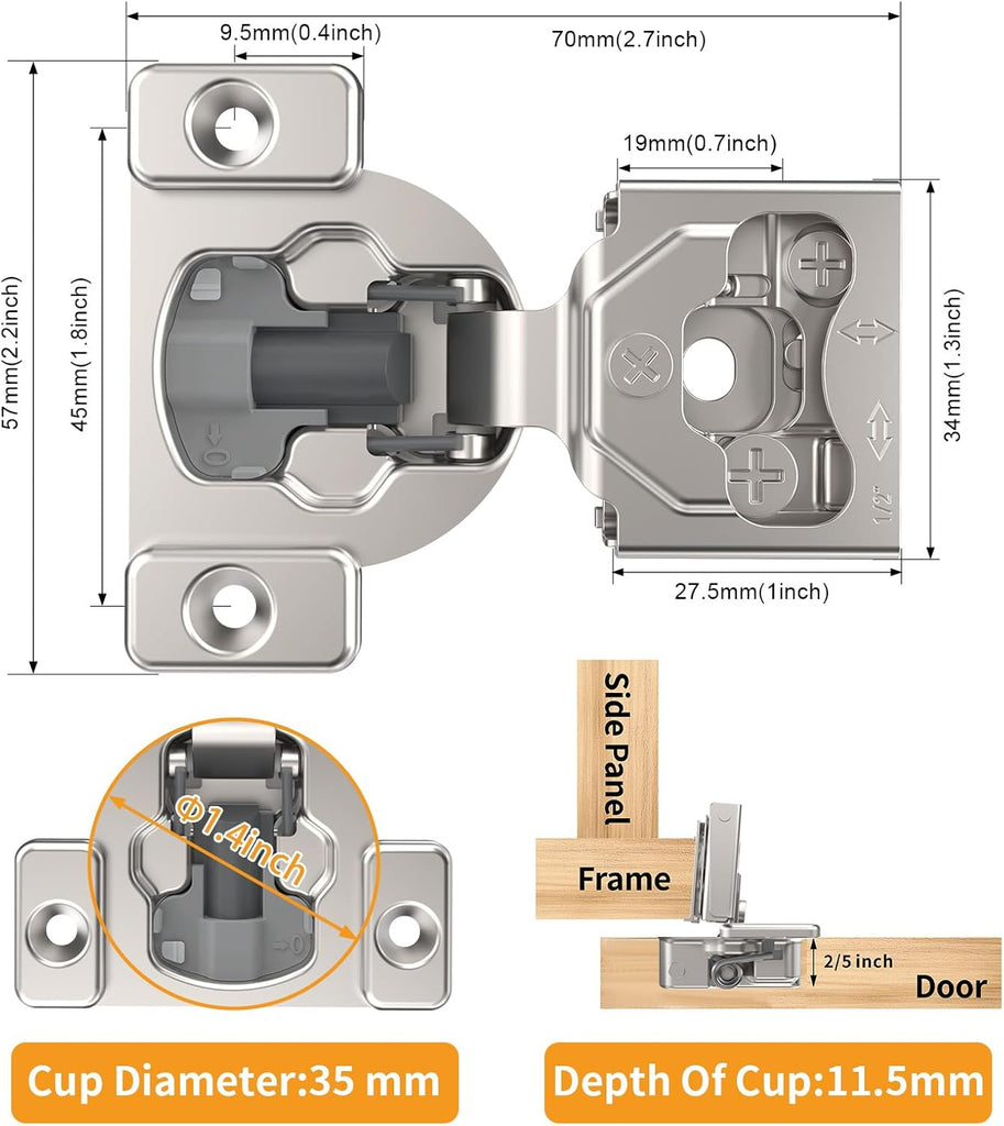 20 Pack 7/16" Overlay 4D Concealed Hinges for Face Frame Door, Soft Close On/Off Switch, Self Closing, 105° Open Angle