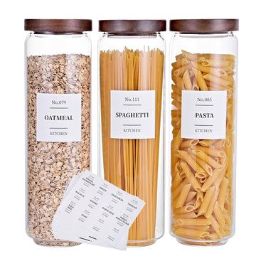 Glass Pantry Storage Jars with Acacia Airtight Lid, 50 OZ Kitchen Canisters with Wood Lid and 132 Pantry Labels, Food