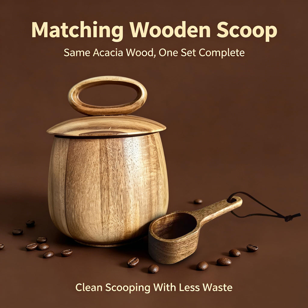 Acacia Wood Coffee Canister with Wooden Scoop, 21 fl oz (628 mL) Coffee Bean Storage Container with Silicone Seal