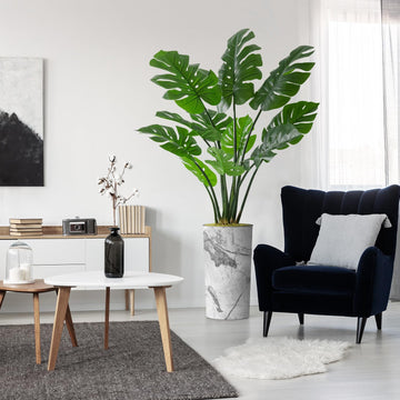 Artificial Tree in Gray Marble Effect Planter, Fake Monstera Silk Tree for Indoor and Outdoor Home Decoration - 65"