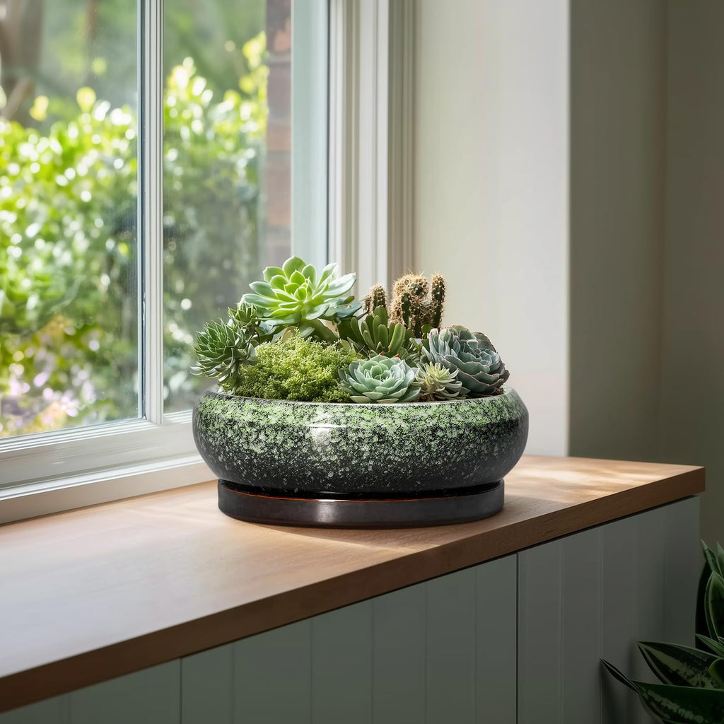 Bonsai Pots - 13 Inch Ceramic Succulent Planters Indoor, Round Shallow Planter with Drainage Hole and Saucer, Large