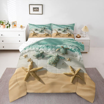 Seaside Beach Bedding Set, Sea Turtle Starfish Comforter Set with 2 Pillowcases, Coastal Ocean Sea Wave Bed
