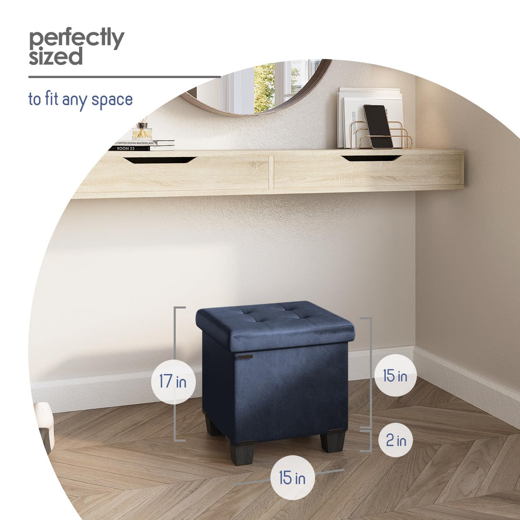Storage Ottoman Cube with Small Bin, 15-in Square Ottoman with Storage, Small Ottomans Foot Rest, Leather Foot