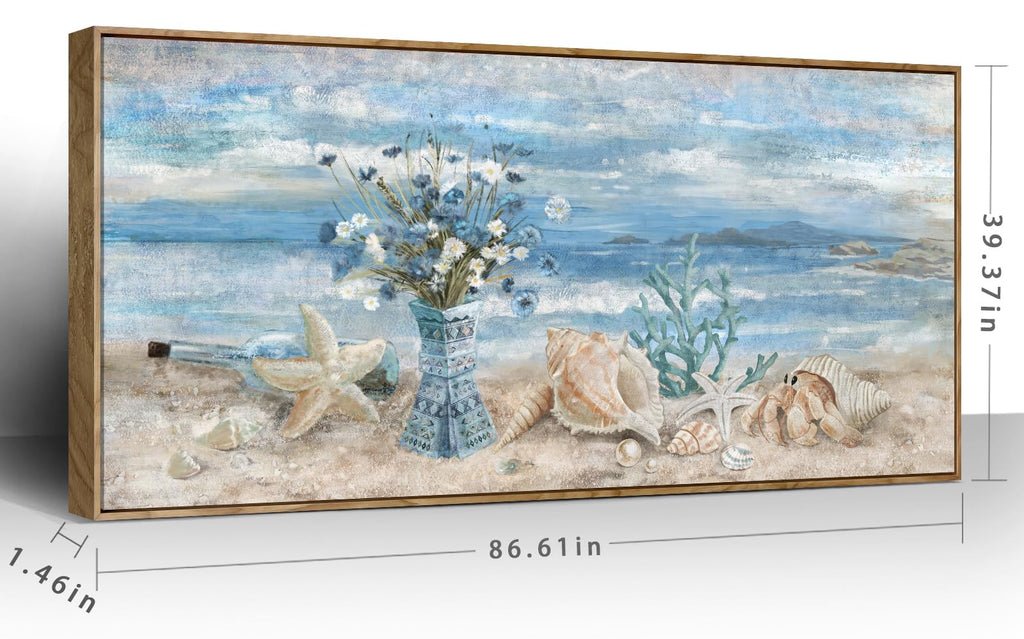 Oversized Blue Ocean Framed Wall Art Boho Canvas Print 86x39inch