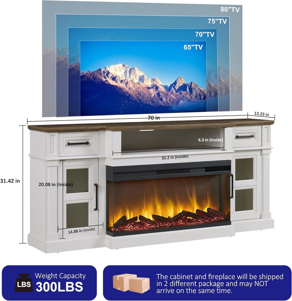 3-Sided Fireplace TV Stand for TVs up to 80 Inches, Farmhouse Entertainment Center with 36 Inch Electric Fireplace, Storage Drawers and Cabinets, Antique White