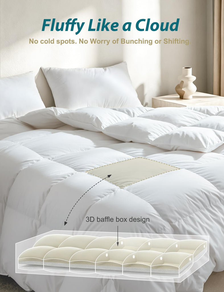 Fluffy Down Feather Comforter, Queen Size, 100% Organic Cotton