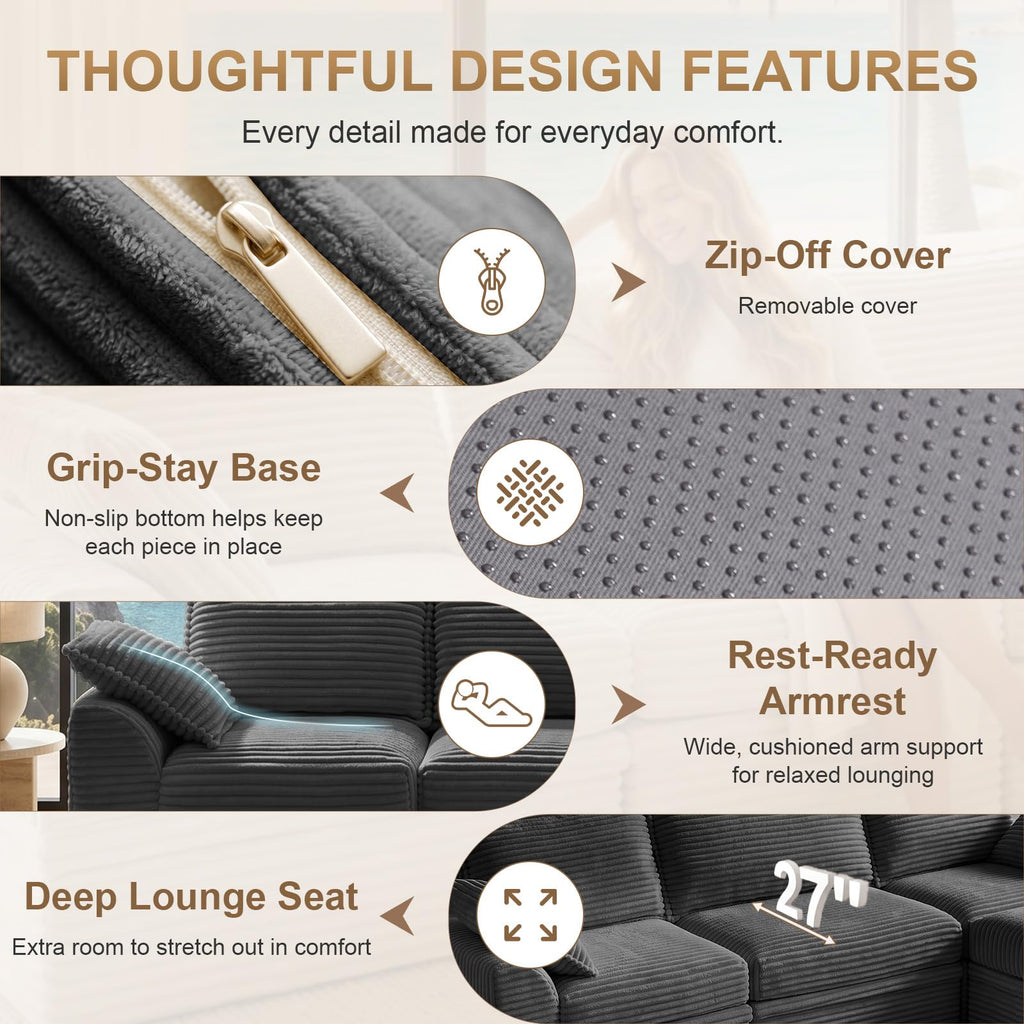 Upgraded Boneless Couch with Storage, Sectional Couches, L-Shaped Modular Cloud Corduroy Sofa with Ottoman &