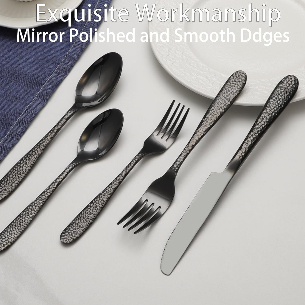 Black Hammered Silverware Set, 40 Piece Stainless Steel Heavy Duty Flatware Set for 8, Food-Grade Tableware Cutlery