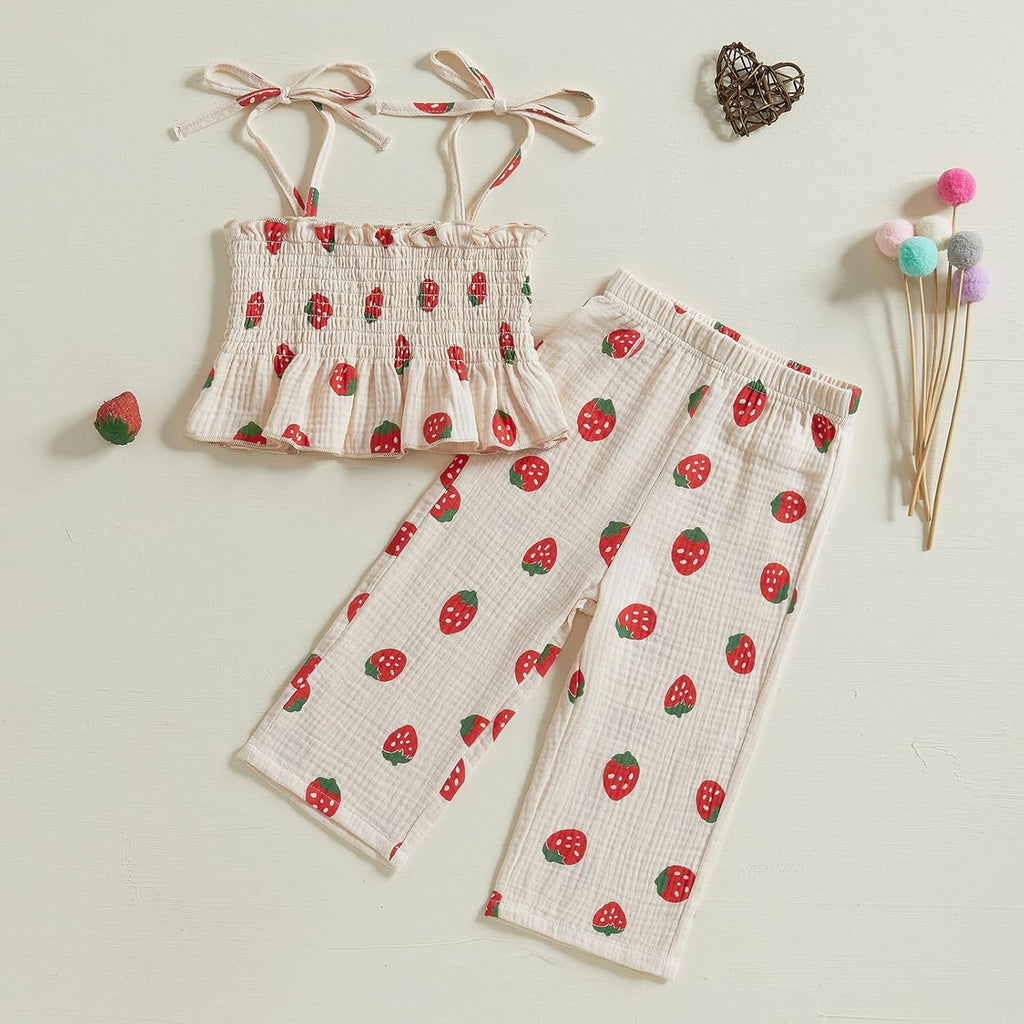Toddler Baby Girl Strawberry Outfit Cotton Linen Sleeveless Ruffle Crop Tops Pants Set 2Pcs Cute Summer Clothes