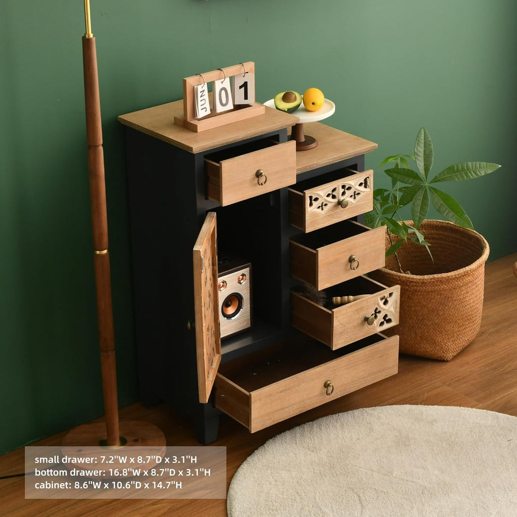 Farmhouse Accent Chest with Carved Door and 5-Drawers, Vintage Storage Cabinet Modern Dresser , Multi-Drawer