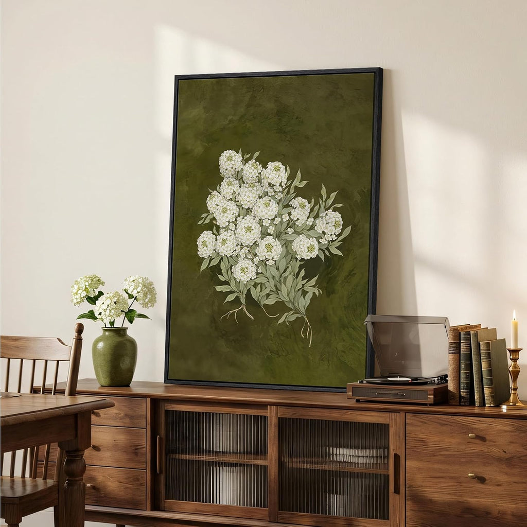 Large Framed Vintage Green Floral Wall Art, Vertical Modern Farmhouse Nature Olive Green Flower Canvas Painting