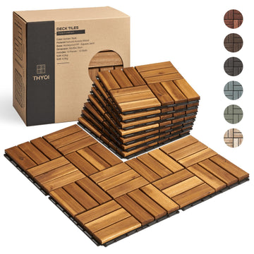 Premium Deck Tiles, Patio Flooring - Set 10 Pcs 12”x12”x0.9” Interlocking Deck Tiles, Waterproof Acacia Wood for
