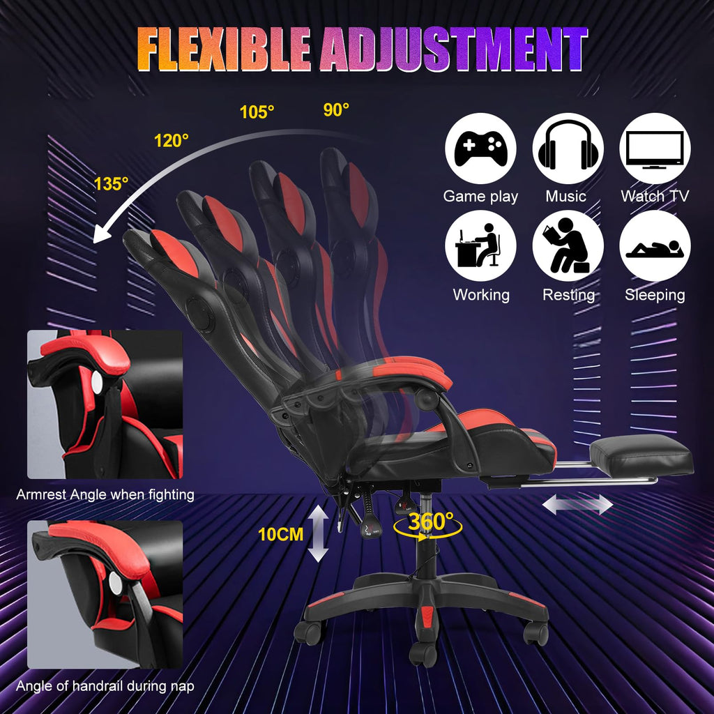 Gaming Chair with Bluetooth Speakers & Lights, Ergonomic High-Back Office Chair with Headrest & 135° Recline, 360°