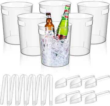 6 Set Plastic Ice Buckets for Parties with Handle, Scoop, Serving Tongs, Large Clear Ice Bucket Round Chiller