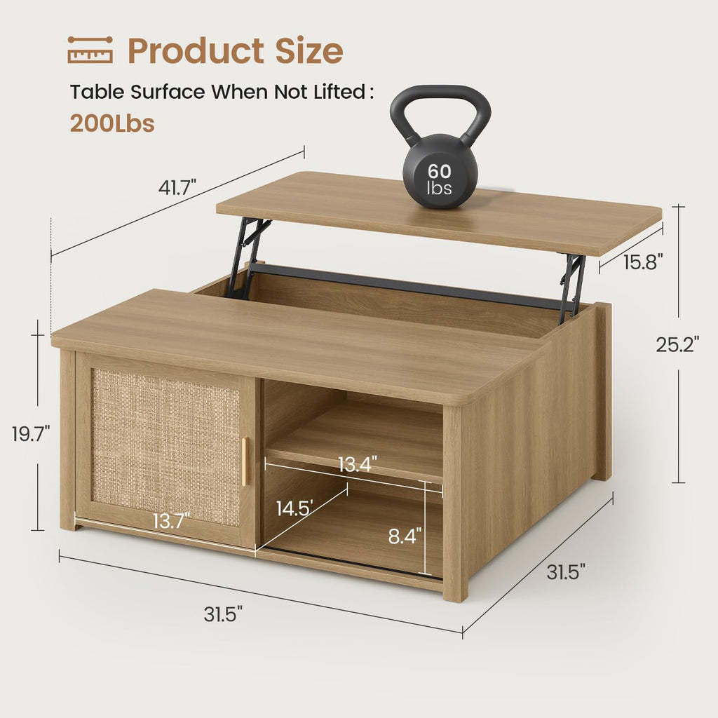 31.5" Lift Top Coffee Table with Storage, Square Coffee Tables, Farmhouse Coffee Table with Large Hidden Storage