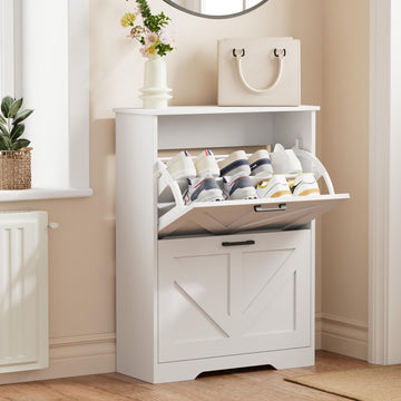Farmhouse Shoe Cabinet, 2 Barn-Style Flip Drawers
