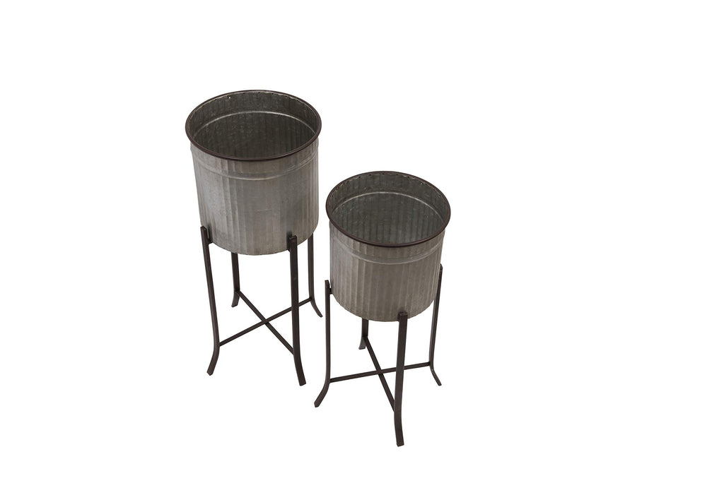 2‐Piece Round Corrugated Metal Planters on Stands, Silver and Black