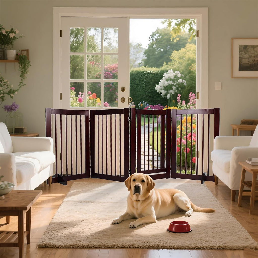 Wooden Free Standing Dog Gate with Door Walk Through, 30 inch 4 Panels Pet Gate for Dogs with 2 Support, Folding Dog
