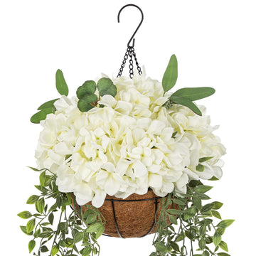 13" Fake Hanging Plants Flowers White Hydrangea Artificial Flowers Arrangements Large in Hanging Basket UV Resistant