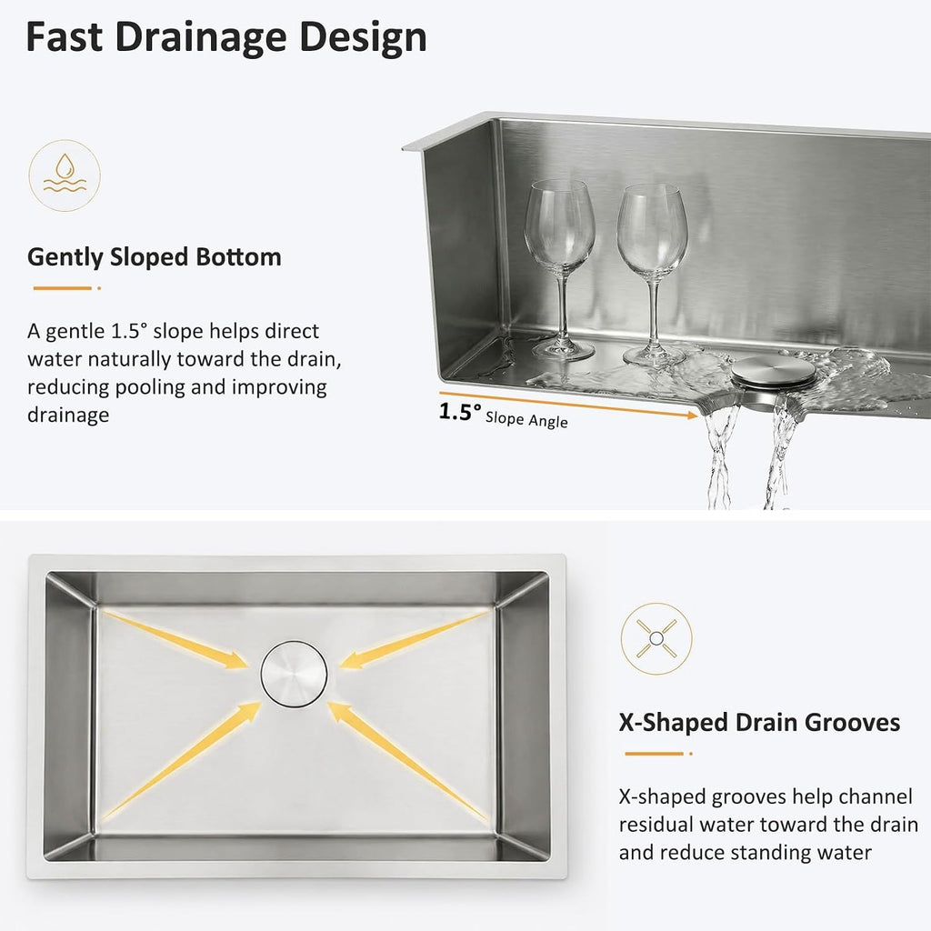32 Inch Undermount Kitchen Sink, 32x18 Kitchen Sink Undermount, Single Bowl Undermount Sink, 18 Gauge 304 Stainless