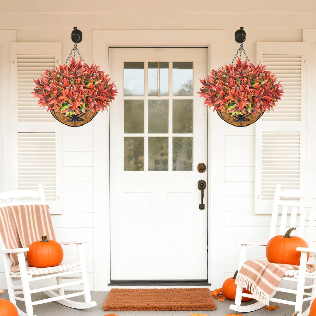 2PCS Artificial Hanging Flowers for Outdoors with Hanging Basket, 22.8" 10pcs UV Resistant Fall Faux Flowers, Fake