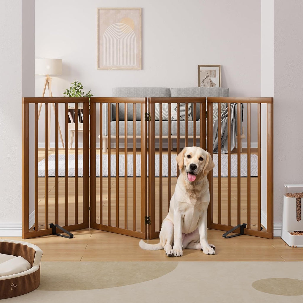 32" H Extra Tall Freestanding Dog Gates Indoor, 4-Panel Bamboo Wood Door Gates for Pets with 2 Metal Stands