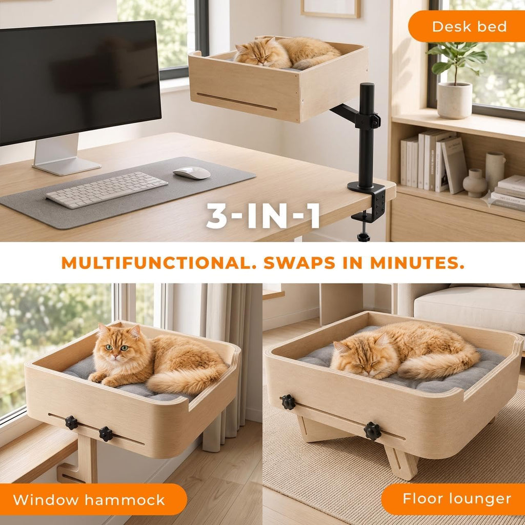 3-in-1 Cat Desk Bed, Cat Window Hammock & Elevated Floor Bed - Wooden Window Perch & Seat, American Oak Finish, 2