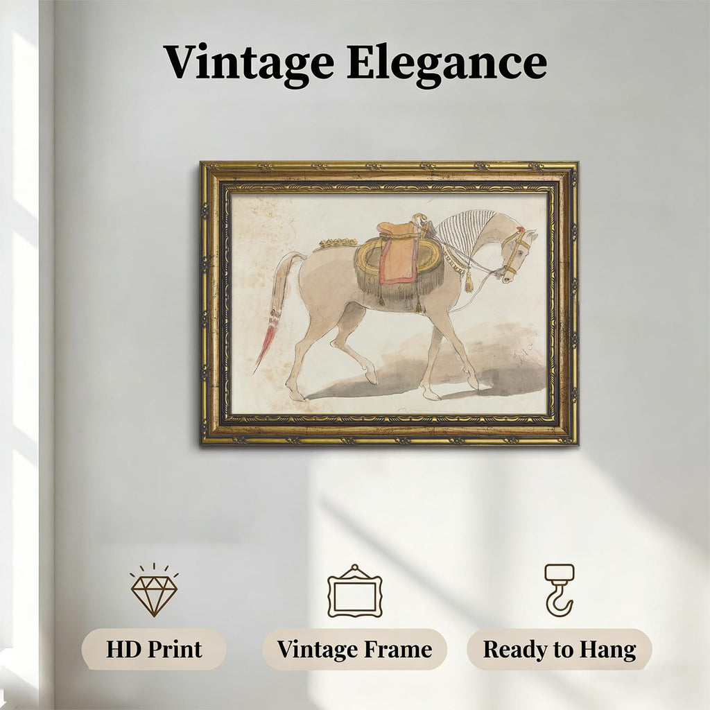 Vintage Gold Framed Horse Wall Art, Equestrian Sketch Style Canvas Print, Classic Old Money Antique Decor, Aesthetic